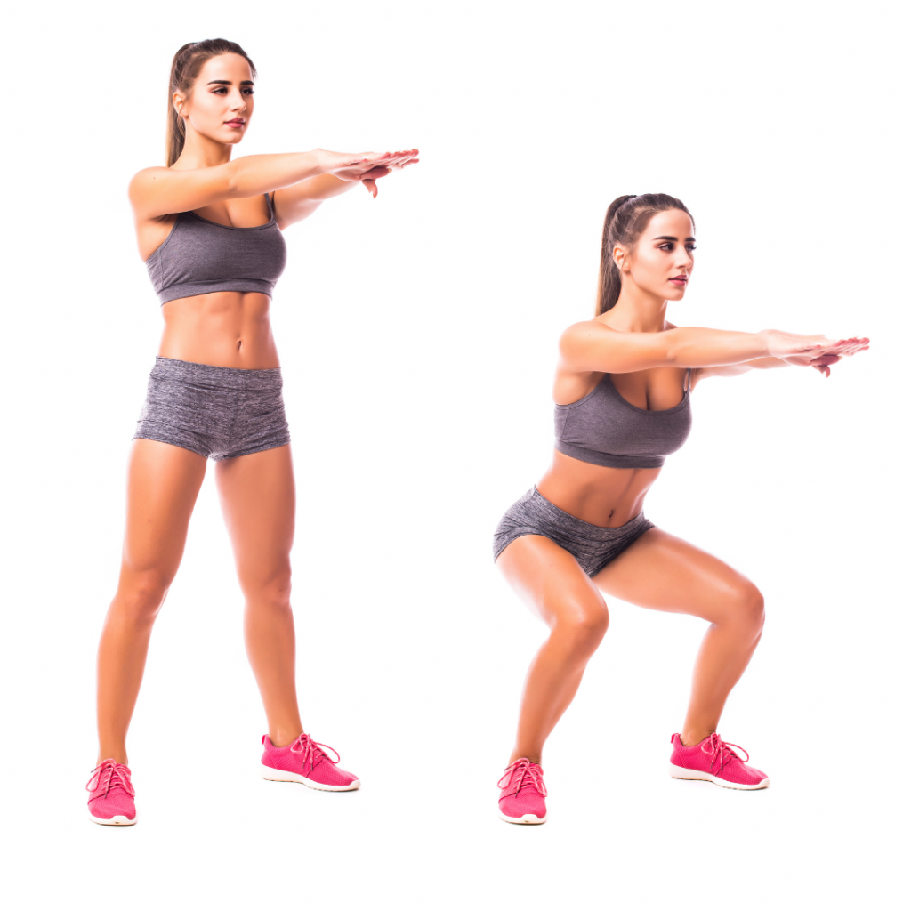 Kollage Frau mit Ausführung der Kniebeuge