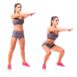 Bewegungsmangel im Home Office Kollage Frau mit Ausführung der Kniebeuge