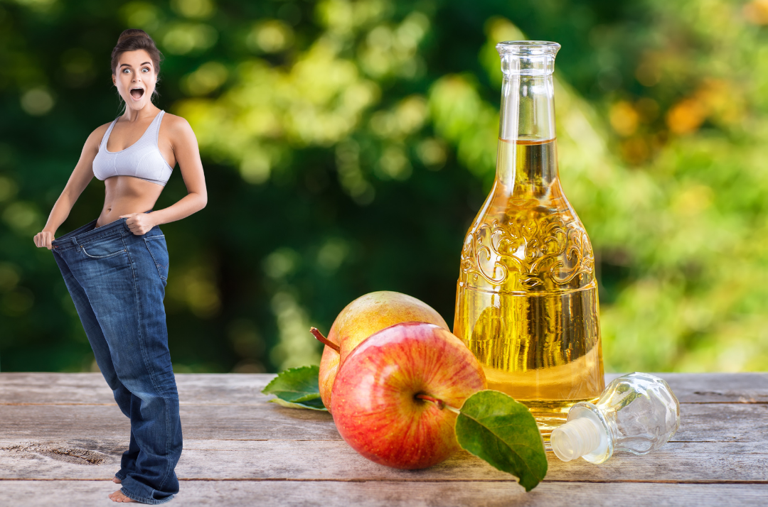 Abnehmen mit Apfelessig symbolisiert von Frau und Apfel und Essig