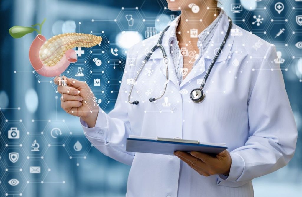 neue Abnehmpille greift auch auf Bauchspeicheldrüse ein, deshalb Kollage mit Ärztin und Pankreas