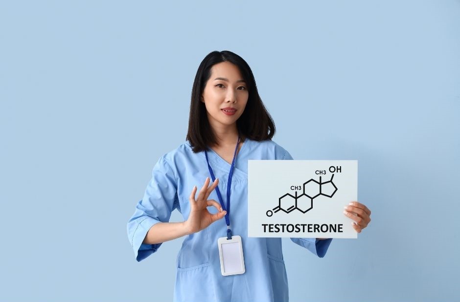 Testosteronmangel bei Frauen dargestellt von Ärztin mit Testosteronformel auf Papier